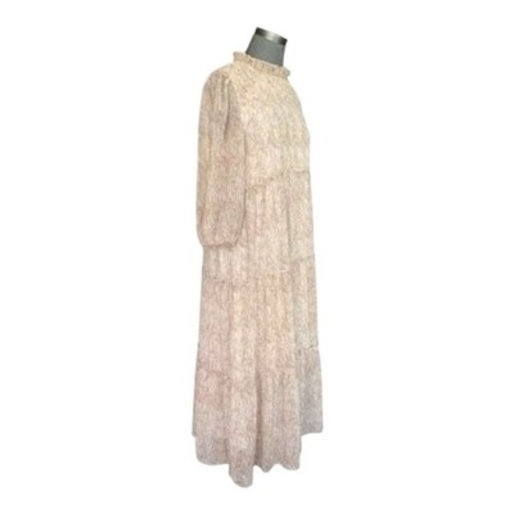 Polagram Women's Beige Smocked Tiered Midi Dress M Mock Neck 3/4 Sleeve Boho VG - Picture 4 of 5